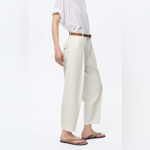 PLEATED BELTED PANTS- OYSTER-WHITE - Picture 3 of 6